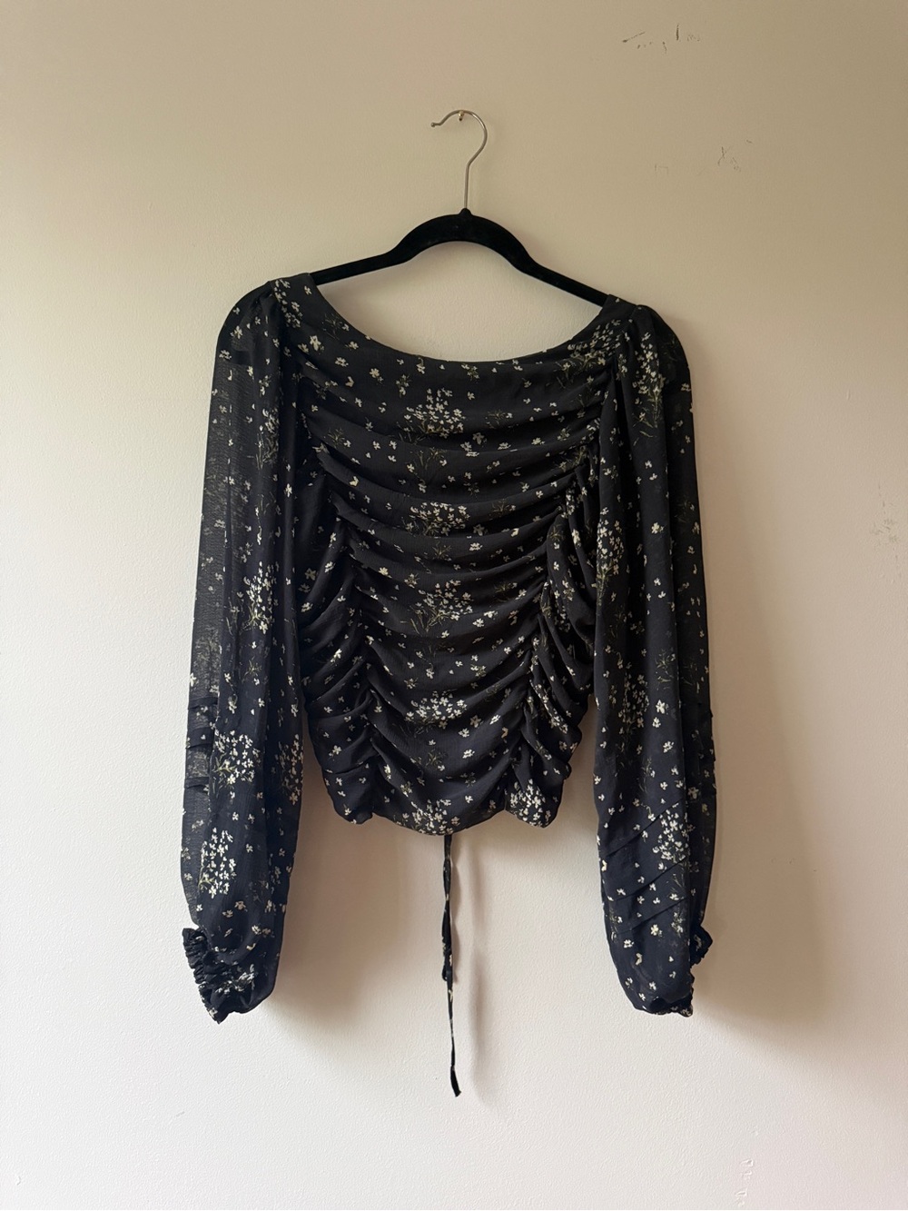Free People Shirred Floral Open Back Cropped Blouse Size M